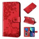 For iPhone 13 mini Sika Deer Embossing Pattern Horizontal Flip PU Leather Case with Holder & Card Slot & Wallet & Photo Frame (Red) - 1