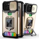 For iPhone 13 Sliding Camshield Card Slot Ring Kickstand Phone Case(Gold) - 1