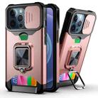 For iPhone 13 Pro Sliding Camshield Card Slot Ring Kickstand Phone Case (Rose Gold) - 1