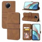 For Xiaomi Redmi Note 9 5G Embossed Striped Magnetic Buckle PU + TPU Horizontal Flip Leather Case with Holder & Card Slot & Wallet & Photo Frame & Sling(Brown) - 1