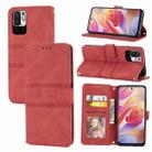 For Xiaomi Redmi Note 10 Embossed Striped Magnetic Buckle PU + TPU Horizontal Flip Leather Case with Holder & Card Slot & Wallet & Photo Frame & Sling(Red) - 1