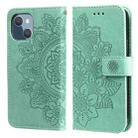 For iPhone 13 mini 7-petal Flowers Embossing Pattern Horizontal Flip PU Leather Case with Holder & Card Slots & Wallet & Photo Frame (Green) - 1