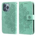 For iPhone 13 Pro 7-petal Flowers Embossing Pattern Horizontal Flip PU Leather Case with Holder & Card Slots & Wallet & Photo Frame (Green) - 1