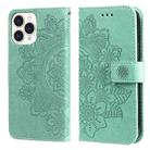 For iPhone 13 Pro Max 7-petal Flowers Embossing Pattern Horizontal Flip PU Leather Case with Holder & Card Slots & Wallet & Photo Frame (Green) - 1