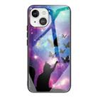 For iPhone 13 Tempered Glass + TPU Border Protective Case(Cat and Butterfly) - 1