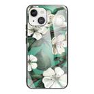For iPhone 13 Colorful Painted Glass Shockproof Protective Case(White Flower) - 1
