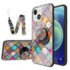 Painted Ethnic Pattern Tempered Glass + TPU Shockproof Case with Folding Magnetic Holder & Neck Strap For iPhone 13(Checkered) - 1