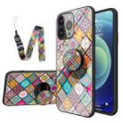 Painted Ethnic Pattern Tempered Glass + TPU Shockproof Case with Folding Magnetic Holder & Neck Strap For iPhone 13 Pro(Checkered) - 1