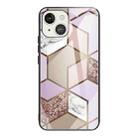 For iPhone 13 Abstract Marble Pattern Glass Protective Case(Rhombus Orange Purple) - 1