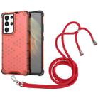 For Samsung Galaxy S21 Ultra 5G Shockproof Honeycomb PC + TPU Case with Neck Lanyard(Red) - 1