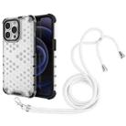 For iPhone 13 Pro Shockproof Honeycomb PC + TPU Case with Neck Lanyard (White) - 1