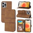 For iPhone 13 Embossed Striped Magnetic Buckle PU + TPU Horizontal Flip Leather Case with Holder & Card Slot & Wallet & Photo Frame & Sling mini(Brown) - 1