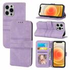 For iPhone 13 Pro Embossed Striped Magnetic Buckle PU + TPU Horizontal Flip Leather Case with Holder & Card Slot & Wallet & Photo Frame & Sling (Purple) - 1