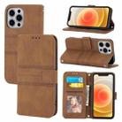 For iPhone 13 Pro Max Embossed Striped Magnetic Buckle PU + TPU Horizontal Flip Leather Case with Holder & Card Slot & Wallet & Photo Frame & Sling (Brown) - 1