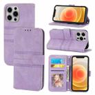 For iPhone 13 Pro Max Embossed Striped Magnetic Buckle PU + TPU Horizontal Flip Leather Case with Holder & Card Slot & Wallet & Photo Frame & Sling (Purple) - 1