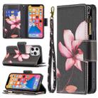 For iPhone 13 Colored Drawing Pattern Zipper Horizontal Flip Leather Case with Holder & Card Slots & Wallet(Lotus) - 1