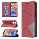 For iPhone 13 Pro Max Rhombus Texture Horizontal Flip Magnetic Leather Case with Holder & Card Slots (Red) - 1
