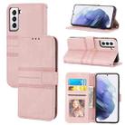 For Samsung Galaxy S21 FE Embossed Striped Magnetic Buckle PU + TPU Horizontal Flip Leather Case with Holder & Card Slot & Wallet & Photo Frame & Sling(Pink) - 1