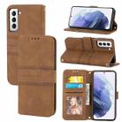 For Samsung Galaxy S21 FE Embossed Striped Magnetic Buckle PU + TPU Horizontal Flip Leather Case with Holder & Card Slot & Wallet & Photo Frame & Sling(Brown) - 1