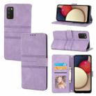 For Samsung Galaxy A02s 164mm Embossed Striped Magnetic Buckle PU + TPU Horizontal Flip Leather Case with Holder & Card Slot & Wallet & Photo Frame & Sling(Purple) - 1