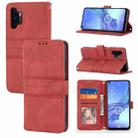 For Samsung Galaxy A32 4G Embossed Striped Magnetic Buckle PU + TPU Horizontal Flip Leather Case with Holder & Card Slot & Wallet & Photo Frame & Sling(Red) - 1