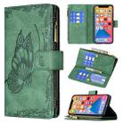 For iPhone 13 Flying Butterfly Embossing Pattern Zipper Horizontal Flip Leather Case with Holder & Card Slots & Wallet(Green) - 1