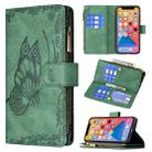 For iPhone 13 Pro Flying Butterfly Embossing Pattern Zipper Horizontal Flip Leather Case with Holder & Card Slots & Wallet (Green) - 1