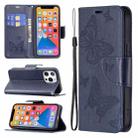 For iPhone 13 mini Embossing Two Butterflies Pattern Horizontal Flip PU Leather Case with Holder & Card Slot & Wallet & Lanyard (Blue) - 1