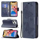 For iPhone 13 Embossing Two Butterflies Pattern Horizontal Flip PU Leather Case with Holder & Card Slot & Wallet & Lanyard(Blue) - 1
