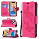 For iPhone 13 Embossing Two Butterflies Pattern Horizontal Flip PU Leather Case with Holder & Card Slot & Wallet & Lanyard(Rose Red) - 1