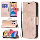 For iPhone 13 Embossing Two Butterflies Pattern Horizontal Flip PU Leather Case with Holder & Card Slot & Wallet & Lanyard(Rose Gold) - 1