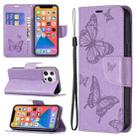 For iPhone 13 Embossing Two Butterflies Pattern Horizontal Flip PU Leather Case with Holder & Card Slot & Wallet & Lanyard(Purple) - 1