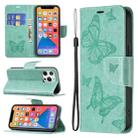 For iPhone 13 Embossing Two Butterflies Pattern Horizontal Flip PU Leather Case with Holder & Card Slot & Wallet & Lanyard(Green) - 1