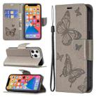 For iPhone 13 Pro Embossing Two Butterflies Pattern Horizontal Flip PU Leather Case with Holder & Card Slot & Wallet & Lanyard (Grey) - 1