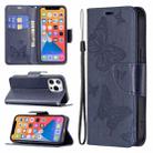 For iPhone 13 Pro Embossing Two Butterflies Pattern Horizontal Flip PU Leather Case with Holder & Card Slot & Wallet & Lanyard (Blue) - 1