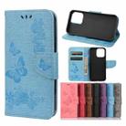 For iPhone 13 Vintage Embossed Floral Butterfly Pattern Horizontal Flip Leather Case with Card Slot & Holder & Wallet & Lanyard(Blue) - 1