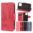 For iPhone 13 Vintage Embossed Floral Butterfly Pattern Horizontal Flip Leather Case with Card Slot & Holder & Wallet & Lanyard(Red) - 1