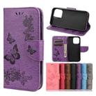 For iPhone 13 Vintage Embossed Floral Butterfly Pattern Horizontal Flip Leather Case with Card Slot & Holder & Wallet & Lanyard(Purple) - 1