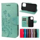 For iPhone 13 Butterfly Flower Pattern Horizontal Flip Leather Case with Holder & Card Slots & Wallet(Green) - 1