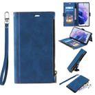 For Samsung Galaxy S21 5G Side Zipper Back Card Horizontal Flip PU Leather Case with Card Slots & Wallet & Photo Frame & Lanyard(Blue) - 1