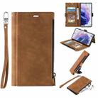 For Samsung Galaxy S21 FE 5G Side Zipper Back Card Horizontal Flip PU Leather Case with Card Slots & Wallet & Photo Frame & Lanyard(Brown) - 1