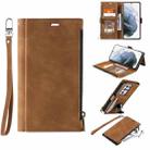 For Samsung Galaxy S21 Ultra 5G Side Zipper Back Card Horizontal Flip PU Leather Case with Card Slots & Wallet & Photo Frame & Lanyard(Brown) - 1