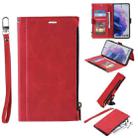 For Samsung Galaxy S21+ 5G Side Zipper Back Card Horizontal Flip PU Leather Case with Card Slots & Wallet & Photo Frame & Lanyard(Red) - 1