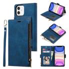 For iPhone 12 / 12 Pro Side Zipper Back Card Horizontal Flip PU Leather Case with Card Slots & Wallet & Photo Frame & Lanyard(Blue) - 1