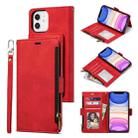 For iPhone 12 / 12 Pro Side Zipper Back Card Horizontal Flip PU Leather Case with Card Slots & Wallet & Photo Frame & Lanyard(Red) - 1