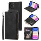 For iPhone 12 / 12 Pro Side Zipper Back Card Horizontal Flip PU Leather Case with Card Slots & Wallet & Photo Frame & Lanyard(Black) - 1