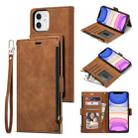 For iPhone 12 / 12 Pro Side Zipper Back Card Horizontal Flip PU Leather Case with Card Slots & Wallet & Photo Frame & Lanyard(Brown) - 1