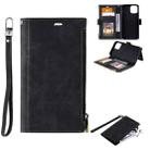 For iPhone 13 Side Zipper Back Card Horizontal Flip PU Leather Case with Card Slots & Wallet & Photo Frame & Lanyard(Black) - 1