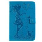 For iPad Mini 2019 & 4 & 3 & 2 & 1 Pressed Printing Woman and Cat Pattern Horizontal Flip Leather Case with Holder & Card Slots & Wallet(Blue) - 1