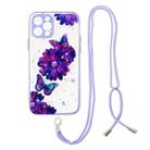 For iPhone 12 Pro Colored Drawing Starry Sky Epoxy TPU Shockproof Case with Neck Lanyard(Purple Flower Butterfly) - 1